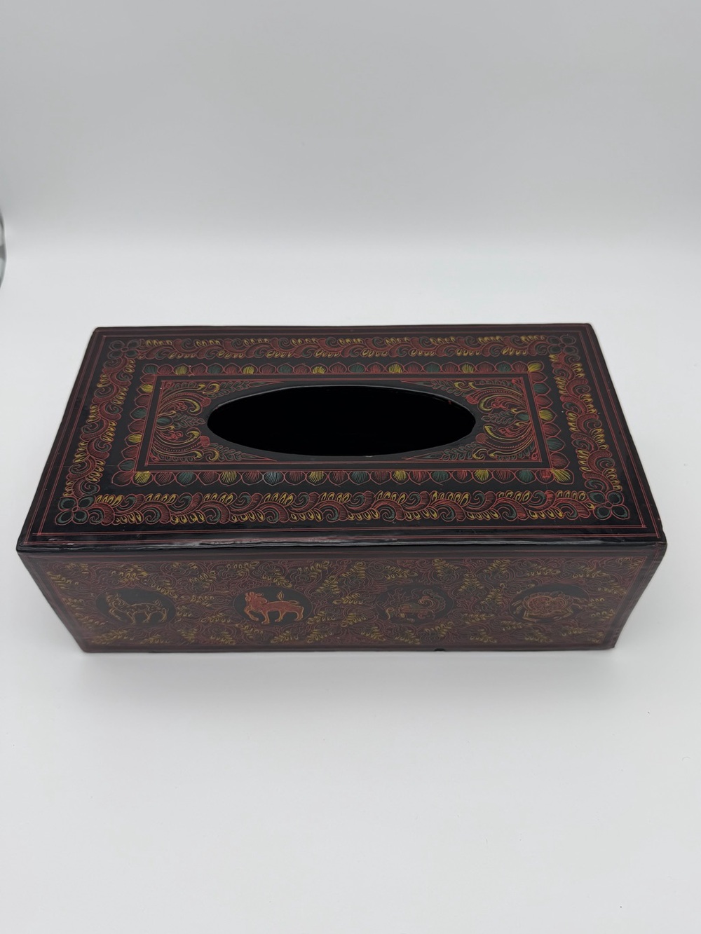 Vintage Burmese Lacquerware Tissue Box Hand Painted Animal Folk Art Decor